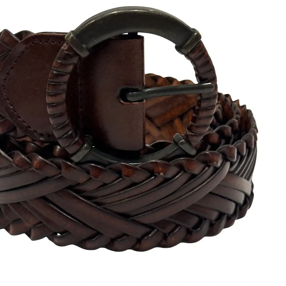 Braided Leather Belt Circle Buckle Women's 2X Dark Brown Woven Boho Western 49